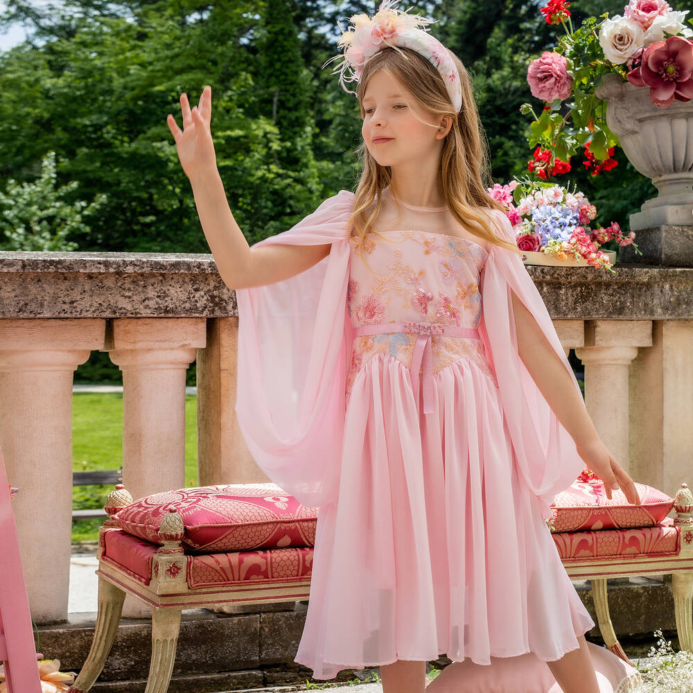 EIRENE-Girls Pink Chiffon Cape Dress | Childrensalon