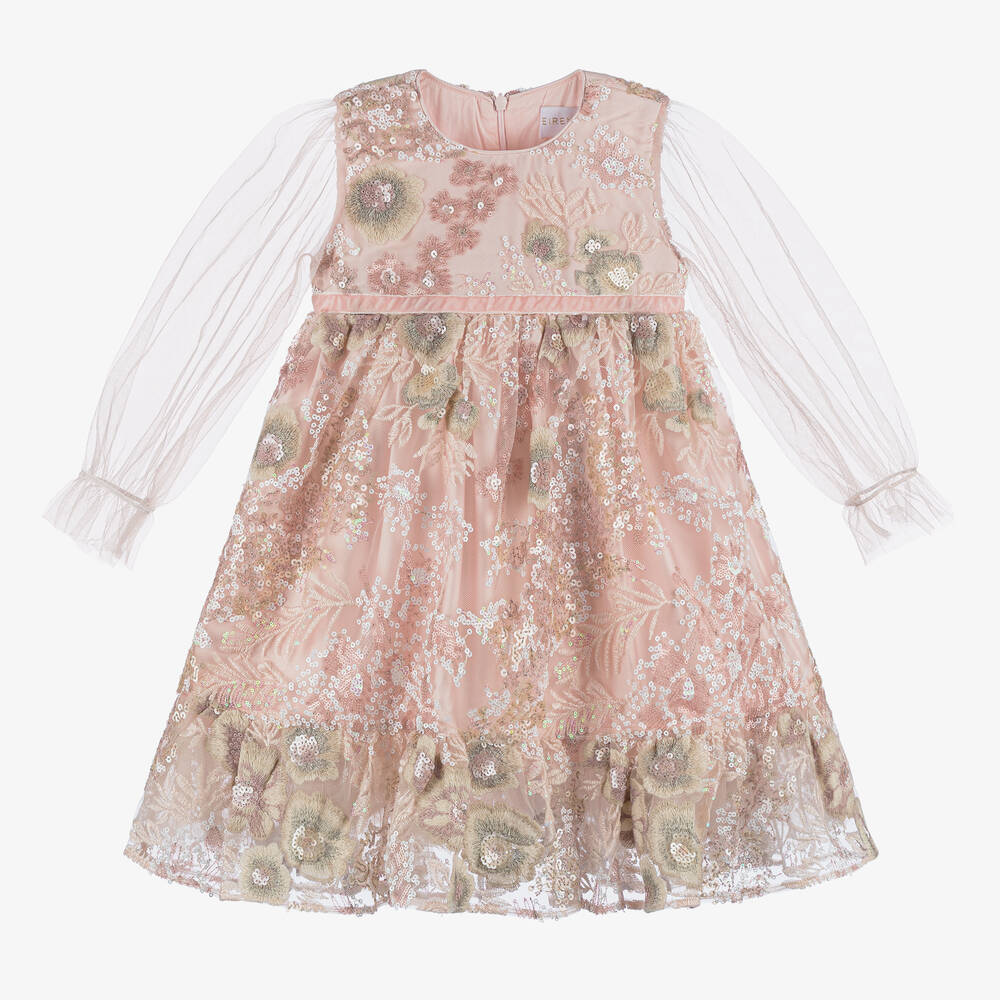 EIRENE - Girls Pink Embroidered Floral Tulle Dress | Childrensalon