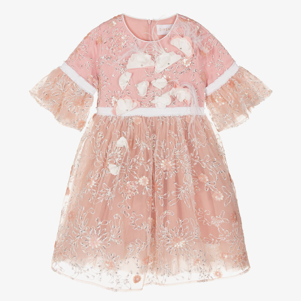 EIRENE - Girls Pink Embroidered Sequinned Tulle Dress | Childrensalon