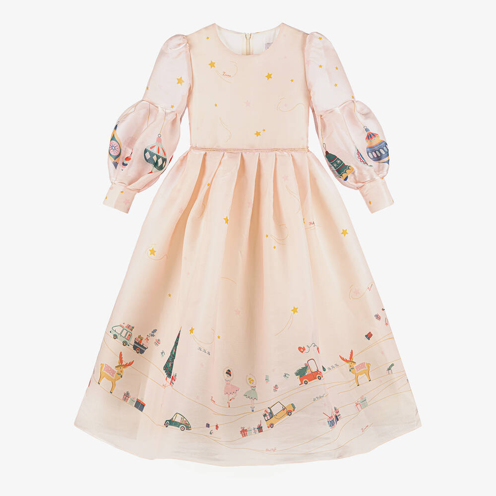 EIRENE - Girls Pink Festive Print Organza Dress | Childrensalon