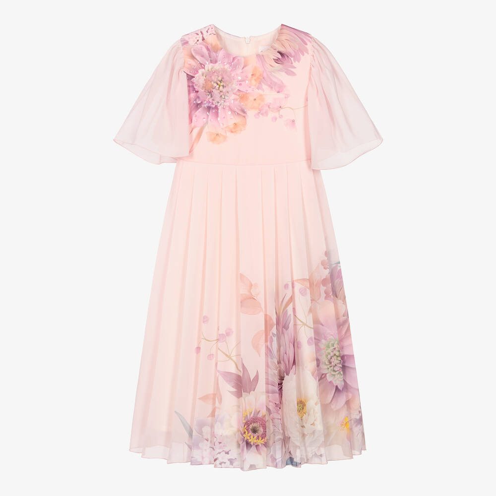 EIRENE - Розовое плиссированное платье из шифона с цветами | Childrensalon