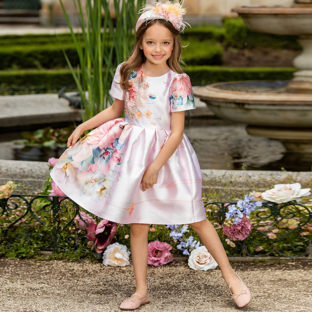EIRENE - Girls Pink Floral Satin Dress | Childrensalon