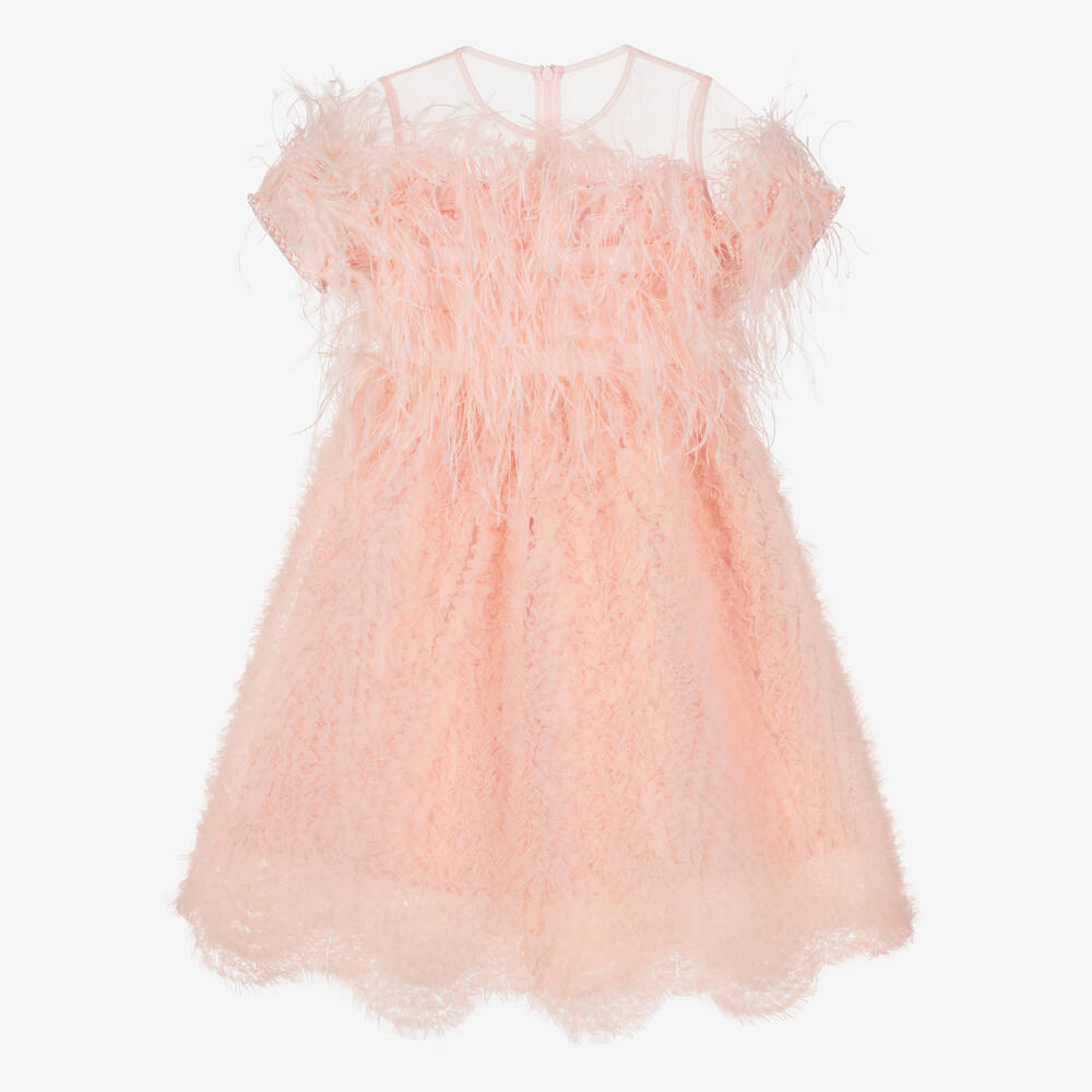 EIRENE - Girls Pink Ruffled Tulle & Feather Dress | Childrensalon