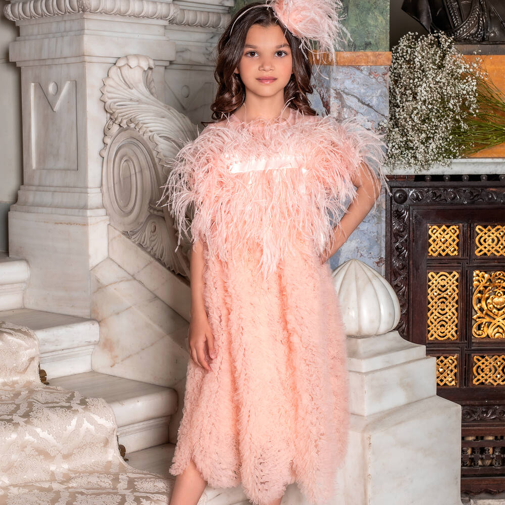 EIRENE-Girls Pink Ruffled Tulle & Feather Dress | Childrensalon
