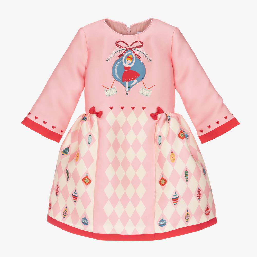 EIRENE - Girls Pink Satin Christmas Bauble Dress | Childrensalon