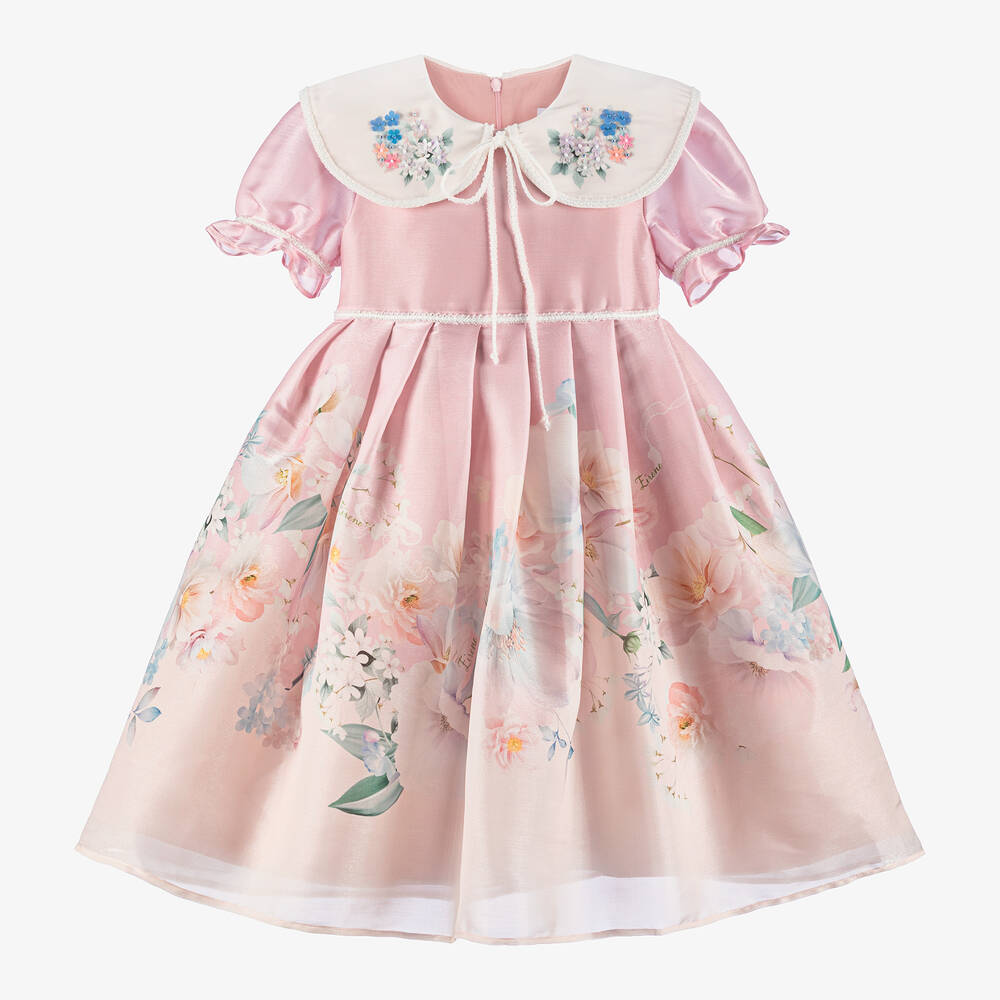 EIRENE - Girls Pink Silky Floral Dress | Childrensalon