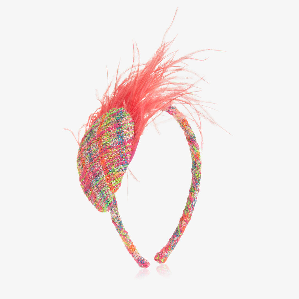 EIRENE - Girls Pink Tweed & Feather Hairband | Childrensalon