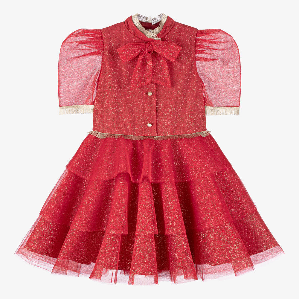 EIRENE - Girls Red Glittery Tulle Dress | Childrensalon