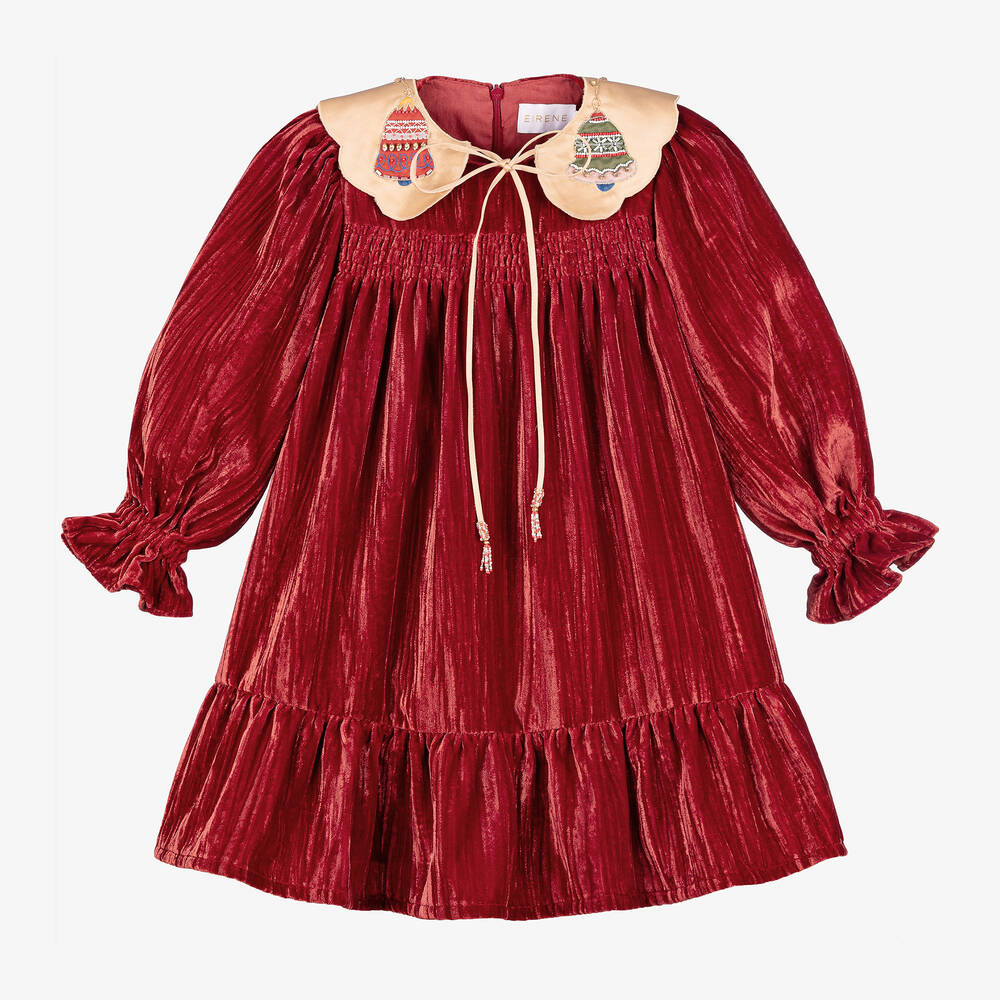 EIRENE - Girls Red Velvet Dress with Satin Collar | Childrensalon