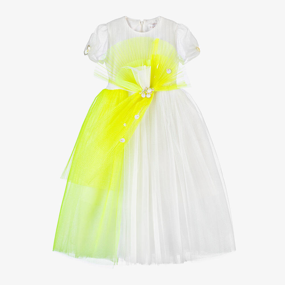 EIRENE - Girls White & Neon Yellow Tulle Dress | Childrensalon