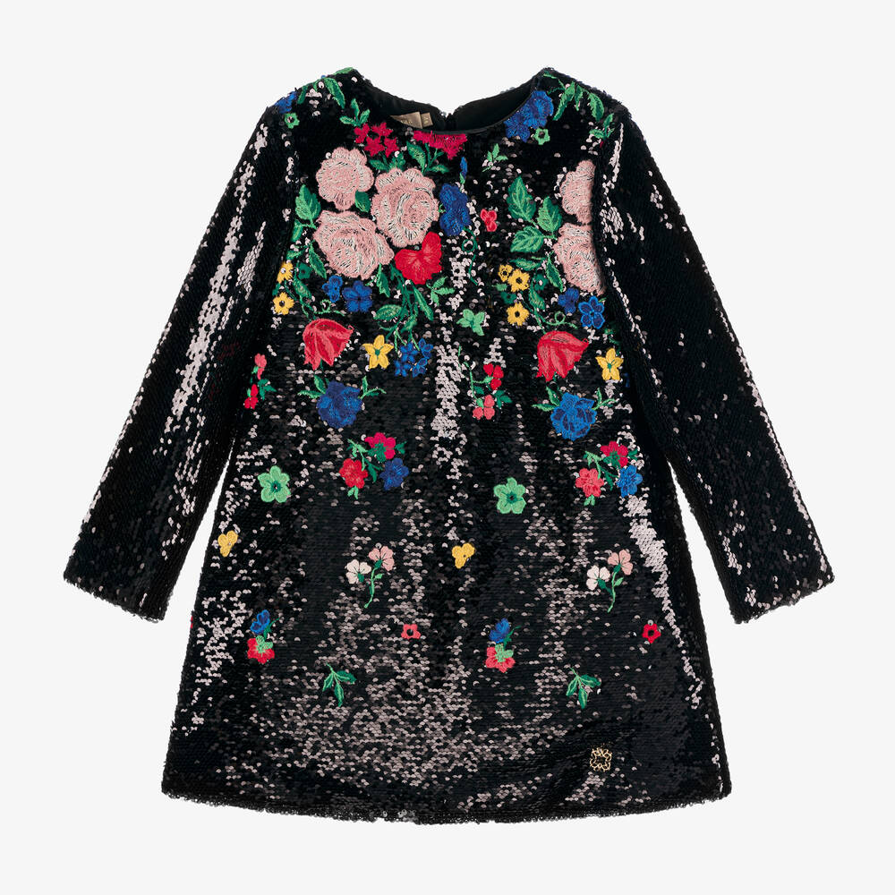 Elie Saab - Girls Black Sequin Embroidered Floral Dress | Childrensalon