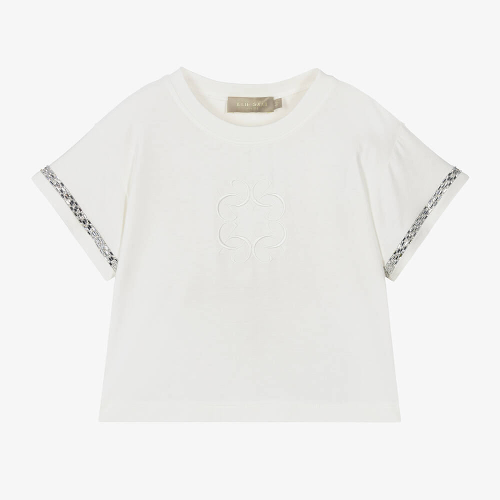 Elie Saab - Кремовая футболка из вискозы со стразами для девочек | Childrensalon