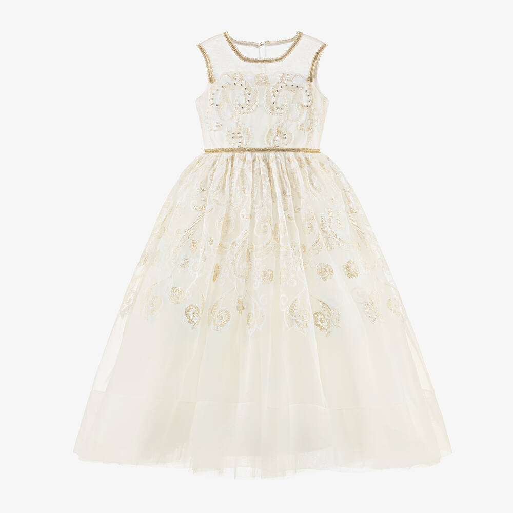 Elie Saab - Girls Ivory & Gold Organza Dress | Childrensalon