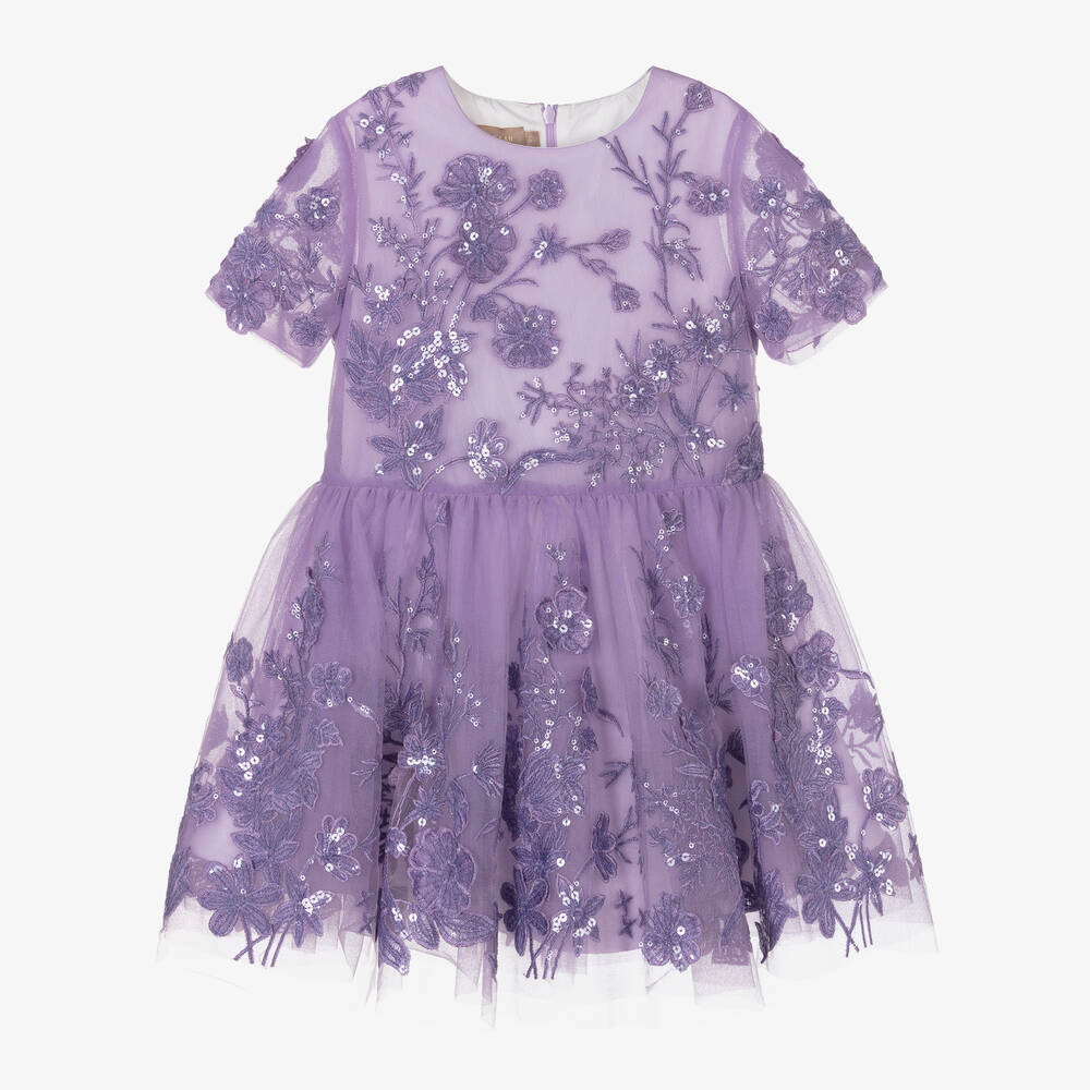 Elie Saab - Girls Lilac Purple Embroidered Tulle Dress  | Childrensalon