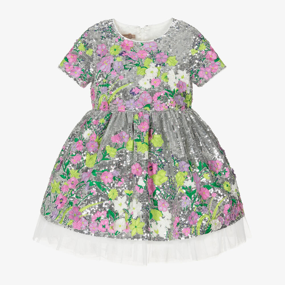 Elie Saab - Girls Silver Floral Sequin Dress | Childrensalon