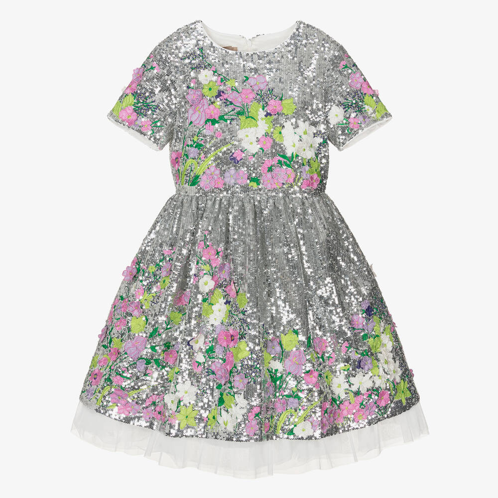 Elie Saab - Teen Girls Silver Floral Sequin Dress | Childrensalon