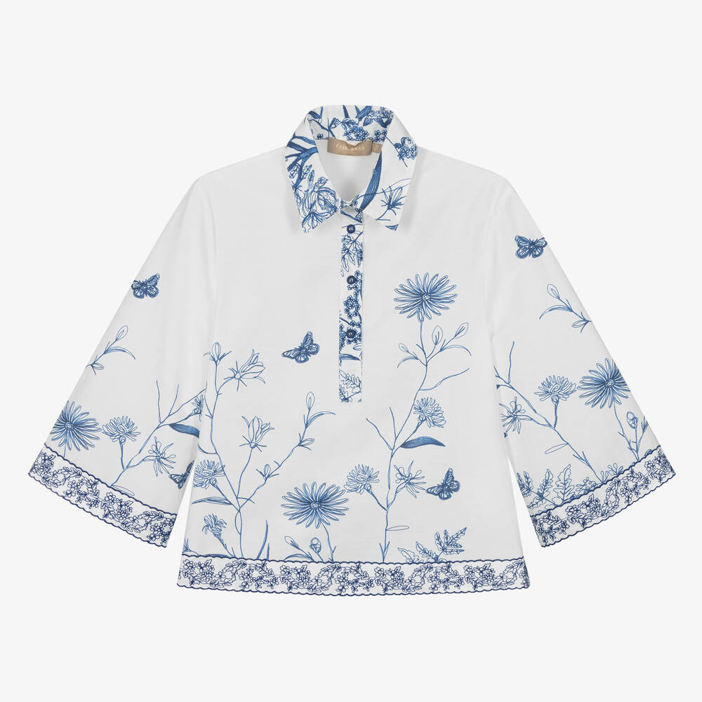 Elie Saab - Teen Girls White Floral Embroidered Cotton Shirt | Childrensalon