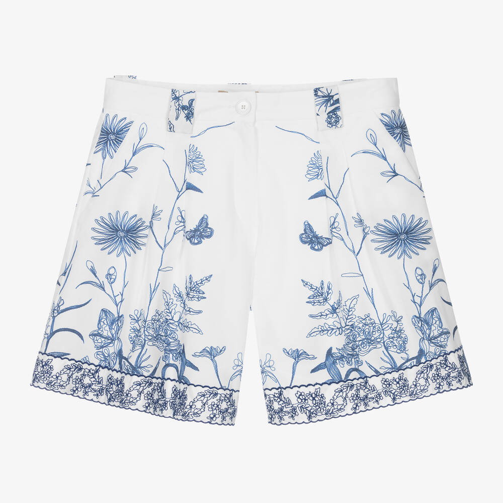 Elie Saab Teen Girls White Floral Embroidered Cotton Shorts
