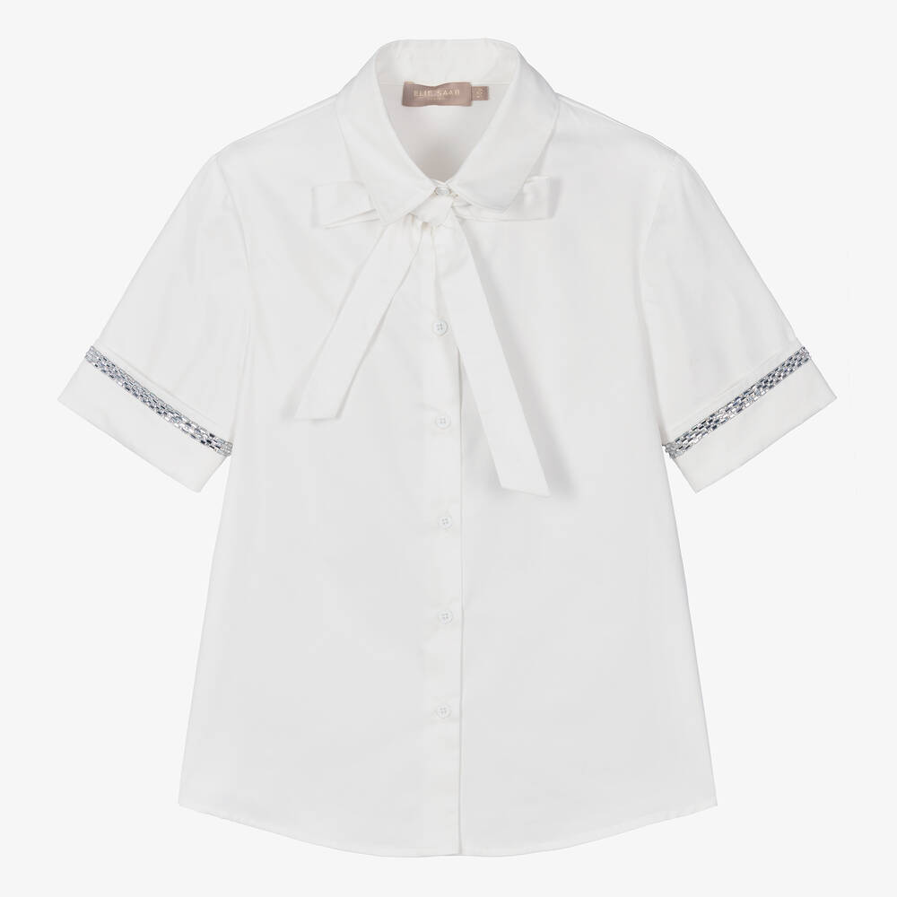 Elie Saab - Белая хлопковая блузка с бантом и стразами для подростков | Childrensalon