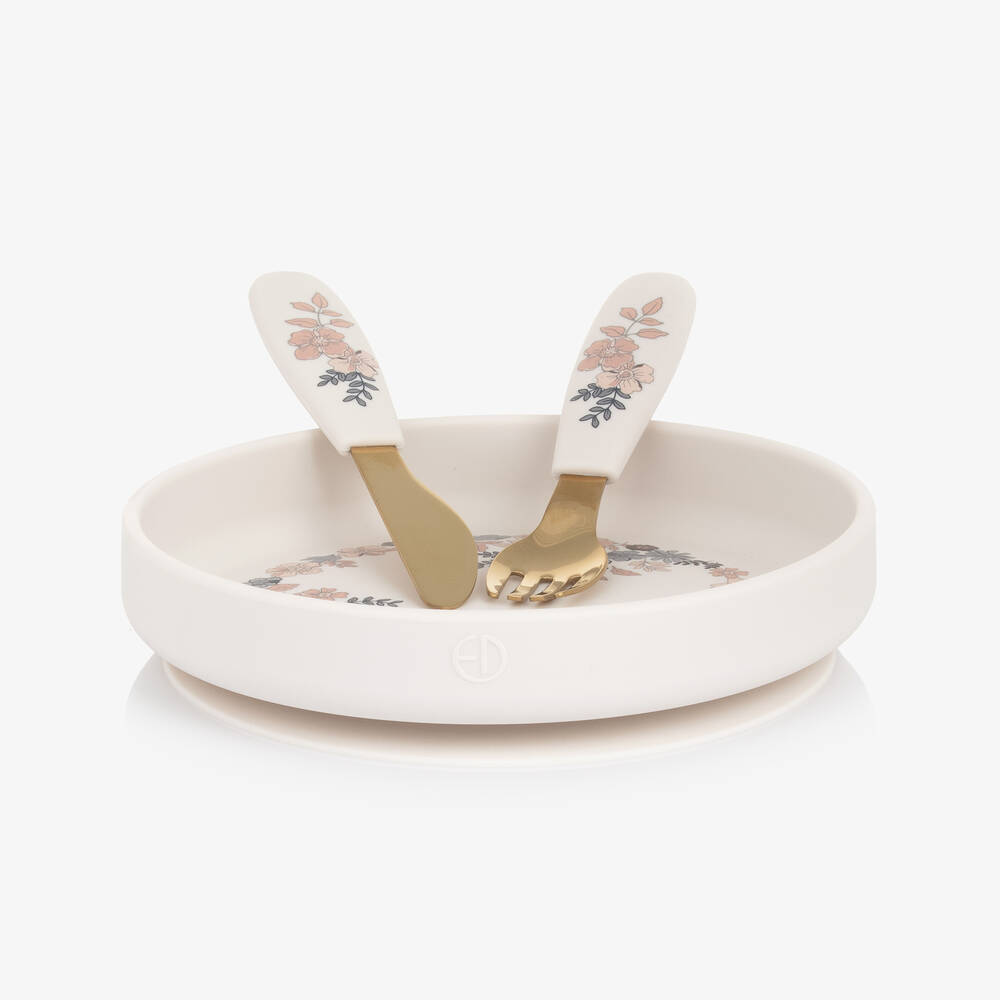 Elodie - Girls Ivory Floral Silicone Plate & Cutlery Set  | Childrensalon