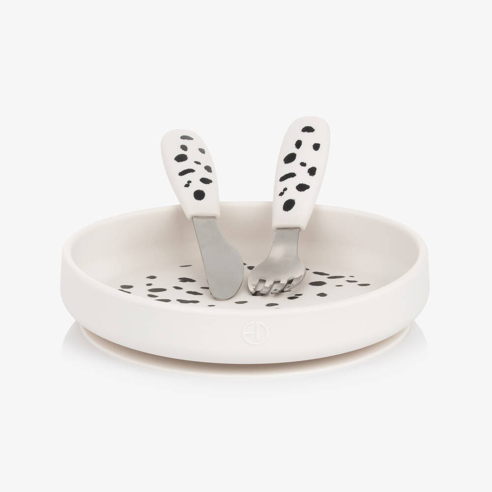 Elodie - White Dalmatian Silicone Plate & Cutlery Set | Childrensalon