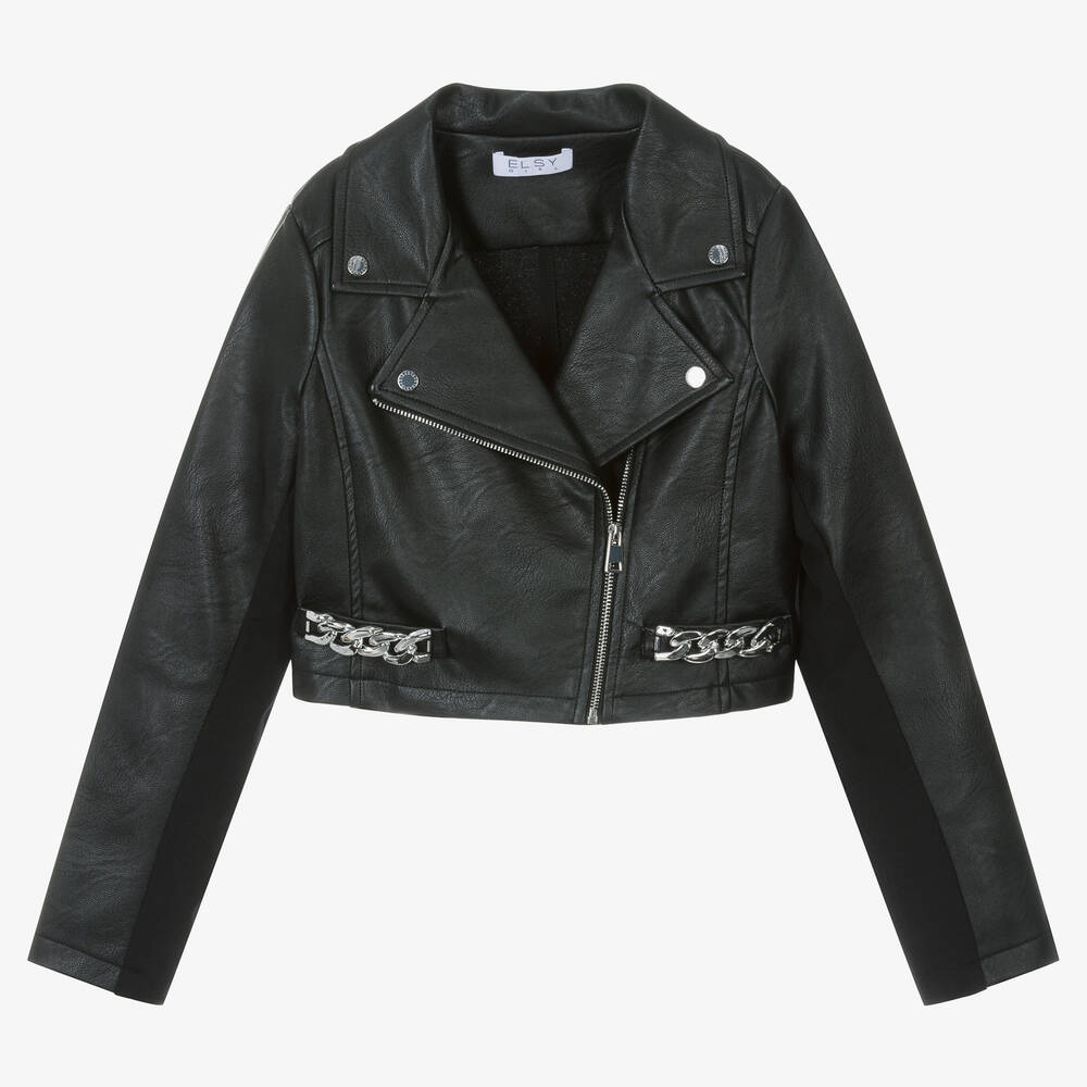 Elsy Kids' Girls Black Faux Leather Biker Jacket