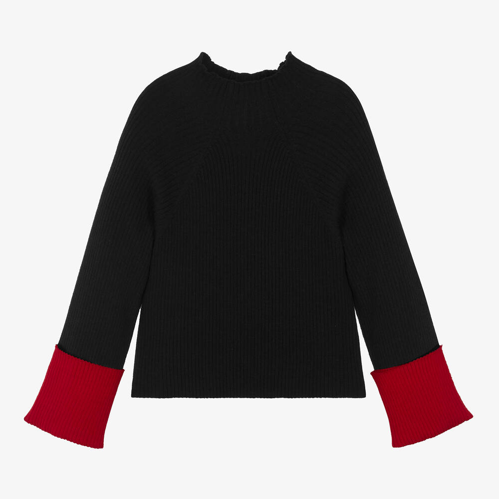 Elsy - Girls Black & Red Knitted Sweater | Childrensalon