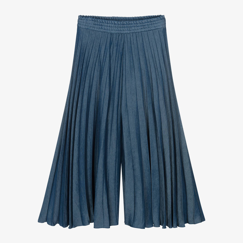 Elsy - Girls Blue Pleated Wide Leg Trousers | Childrensalon