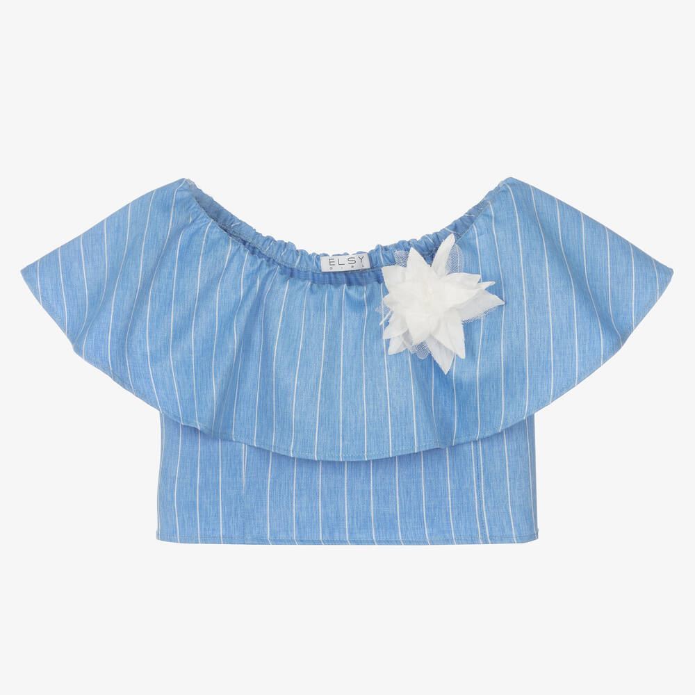 Elsy - Girls Blue Striped Bardot Blouse | Childrensalon