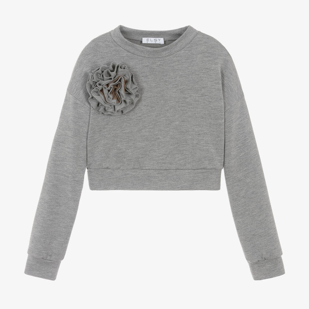 Elsy - Girls Grey Flower Sweatshirt | Childrensalon
