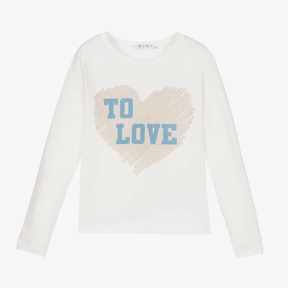 Elsy - Camiseta color marfil y azul con corazón para niña | Childrensalon