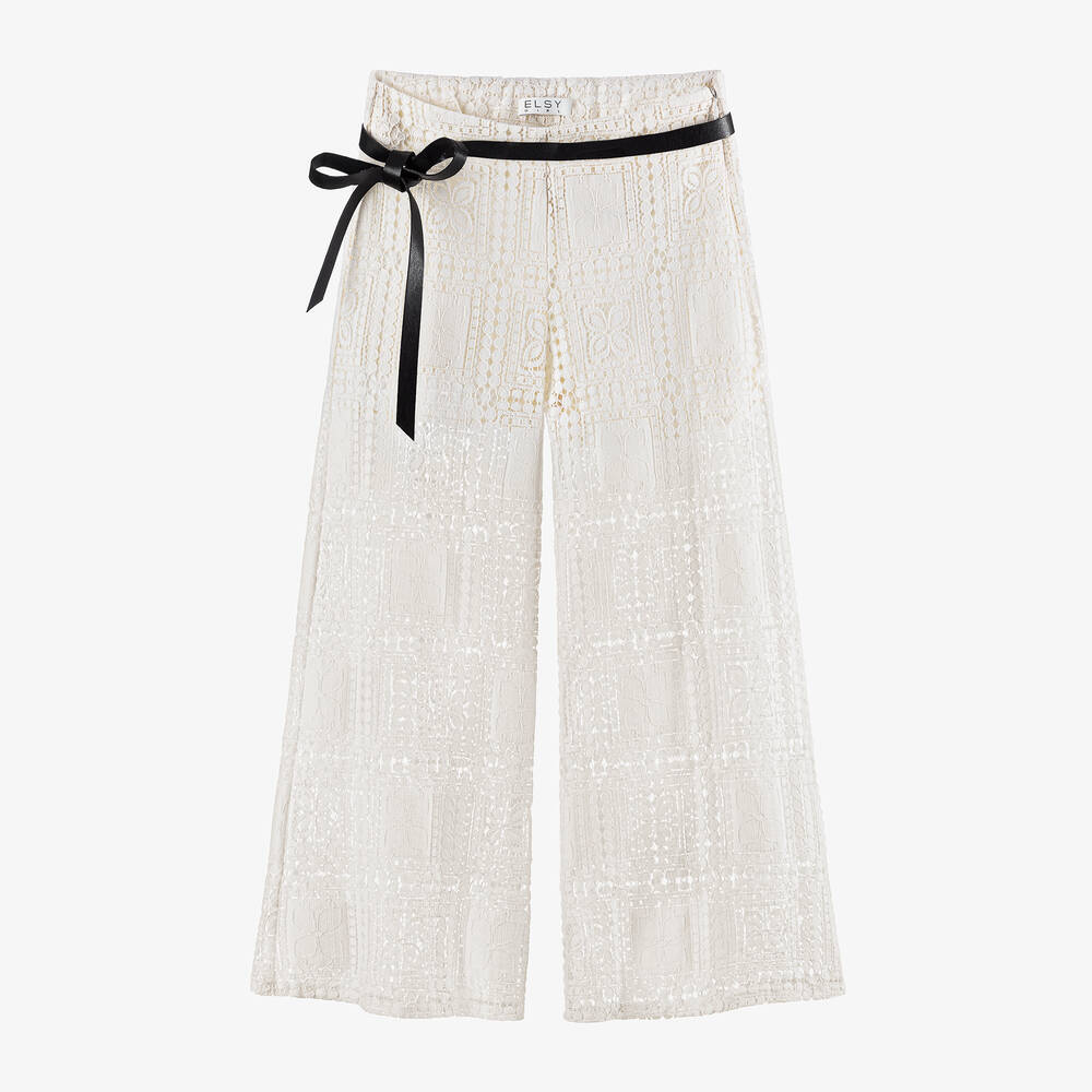 Shop Elsy Girls Ivory Cotton Guipure Lace Trousers