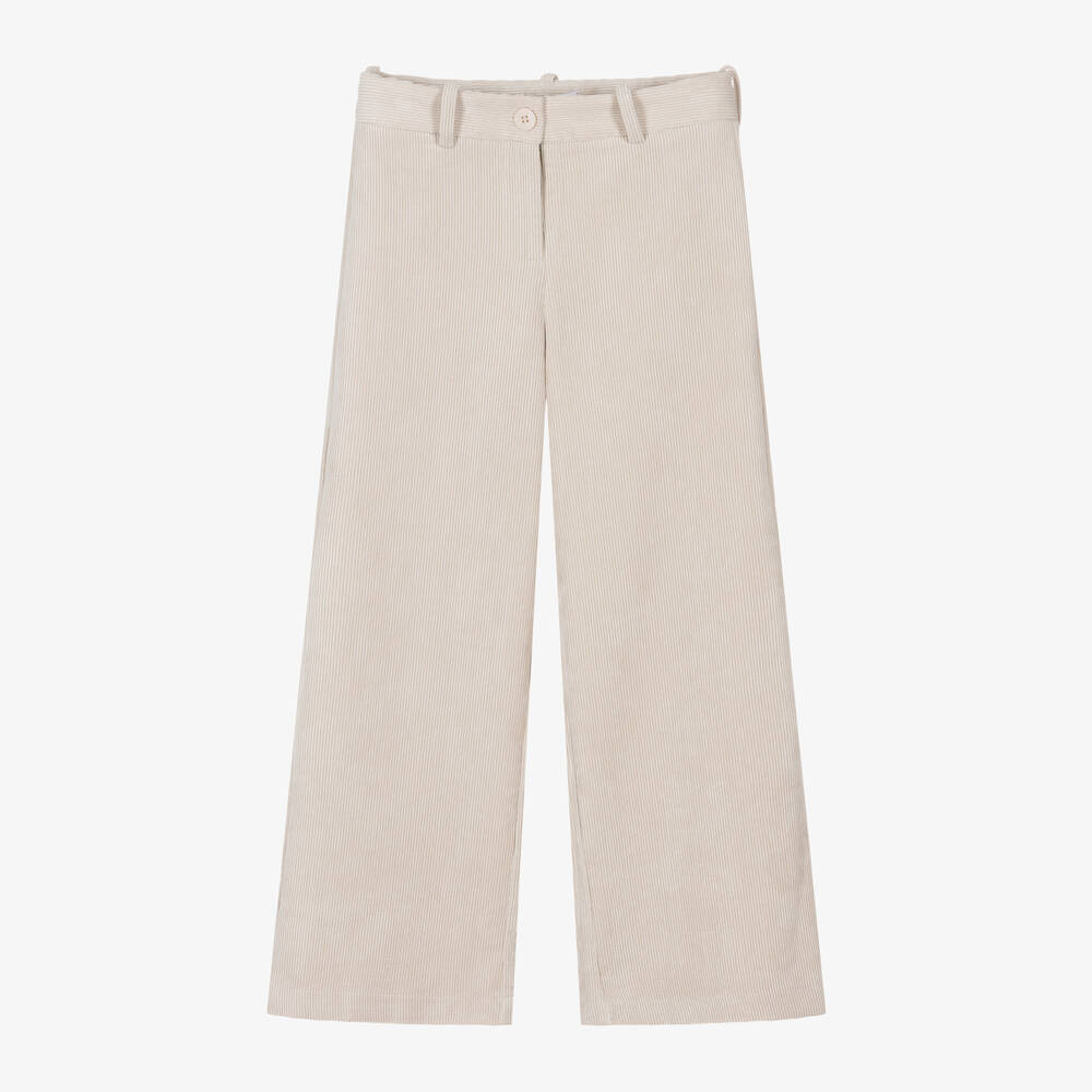 Elsy - Girls Ivory Wide Leg Corduroy Trousers | Childrensalon