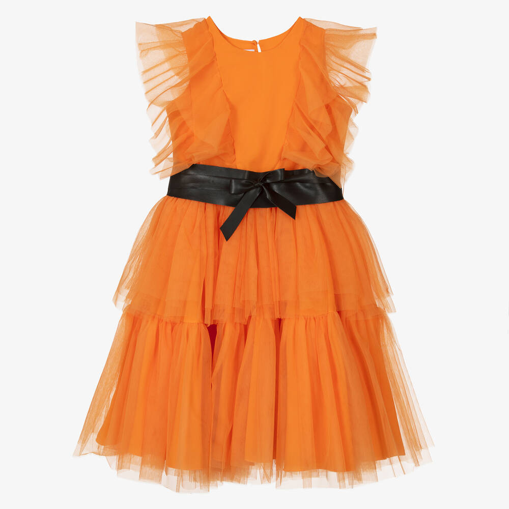 Elsy - Girls Orange & Black Tulle Dress | Childrensalon