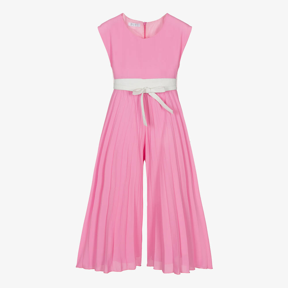 Elsy - Girls Pink Crêpe Pleated Jumpsuit | Childrensalon
