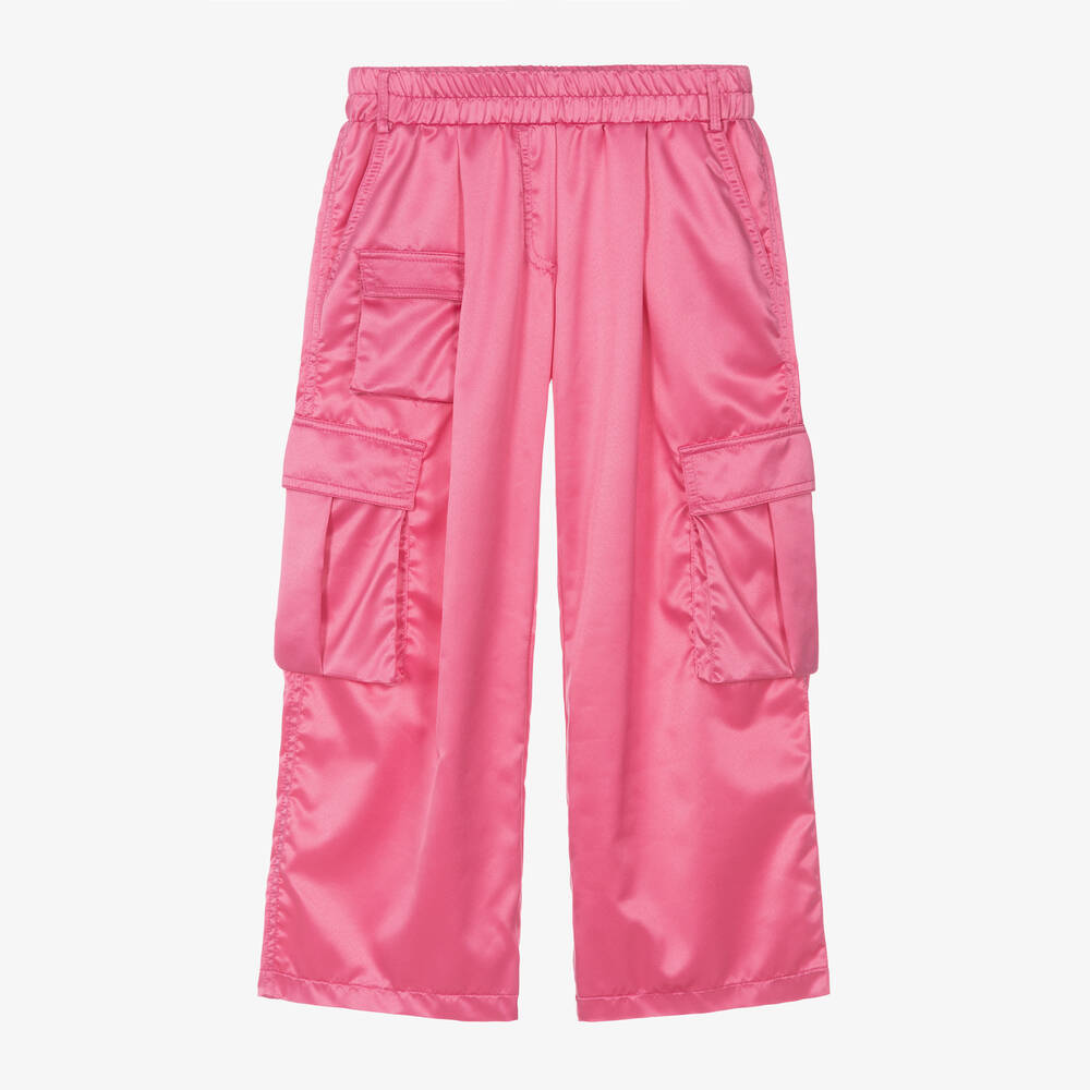 Elsy - Girls Pink Satin Cargo Trousers | Childrensalon