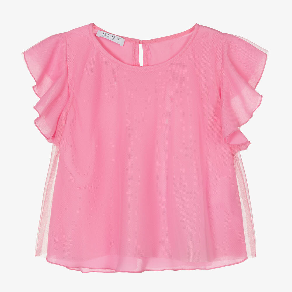 Elsy - Girls Pink Tulle Blouse  | Childrensalon
