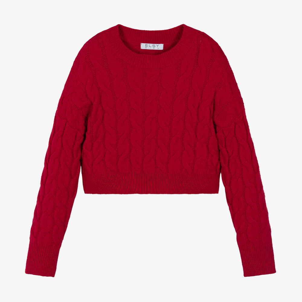 Elsy - Girls Red Cable-Knit Sweater | Childrensalon