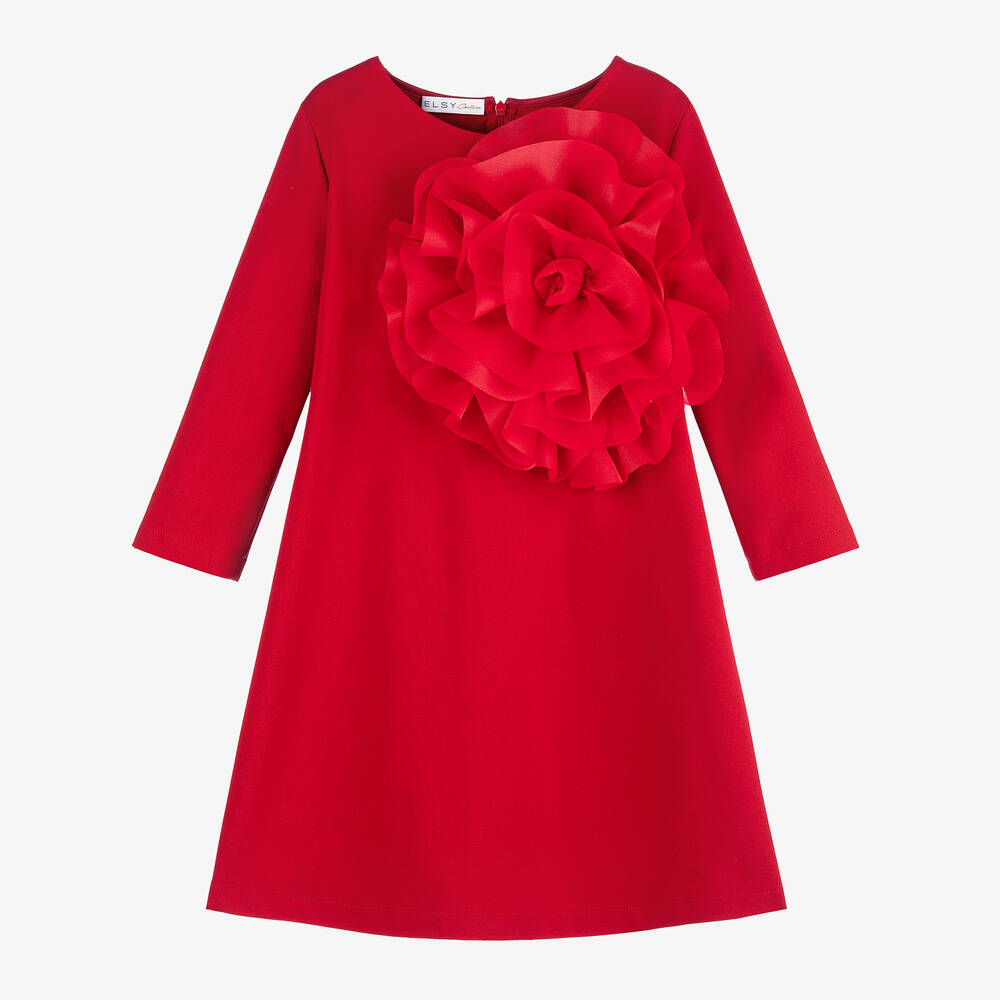 Elsy - Girls Red Milano Jersey Flower Dress | Childrensalon