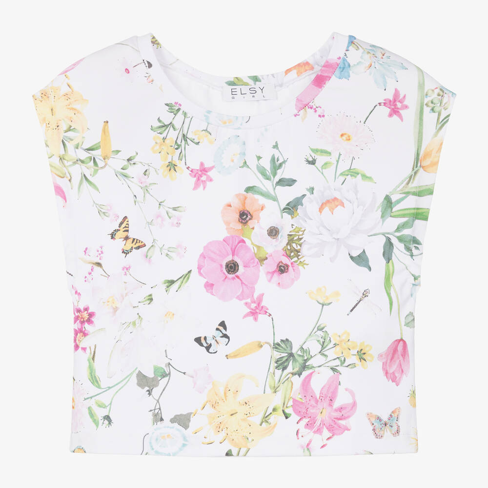 Elsy - Girls White Cotton Floral Print T-Shirt | Childrensalon