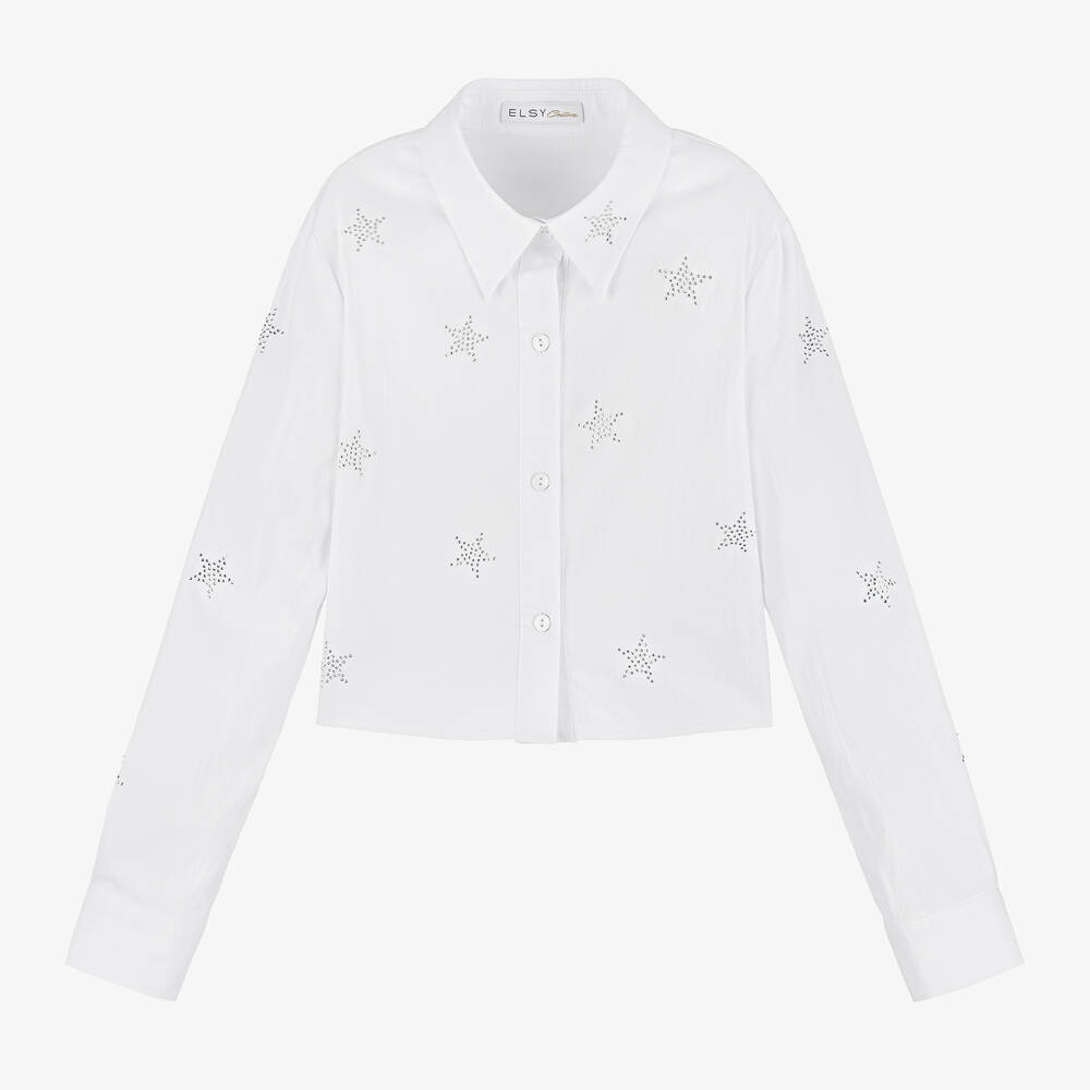 Elsy - Girls White Diamanté Star Shirt | Childrensalon