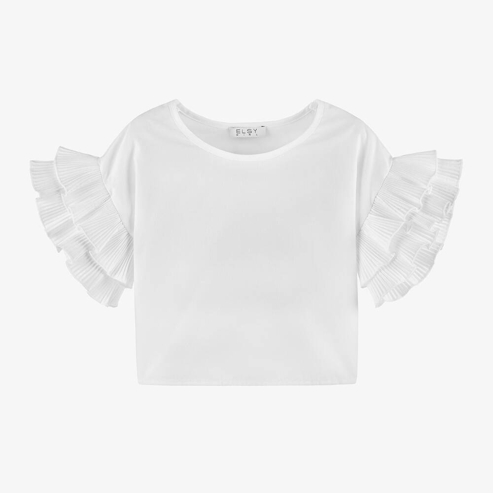 Elsy - Girls White Frill Sleeve Blouse | Childrensalon