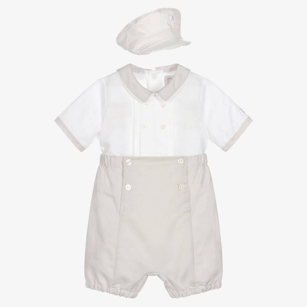 Emile et Rose - Baby Boys Beige Linen & Cotton Buster Suit Set | Childrensalon