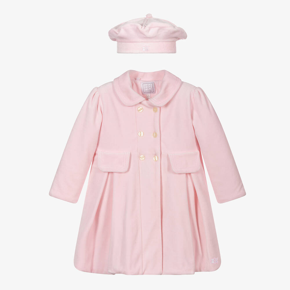 Emile et Rose - طقم معطف وقبعة قطن قطيفة لون زهري للمولودات | Childrensalon