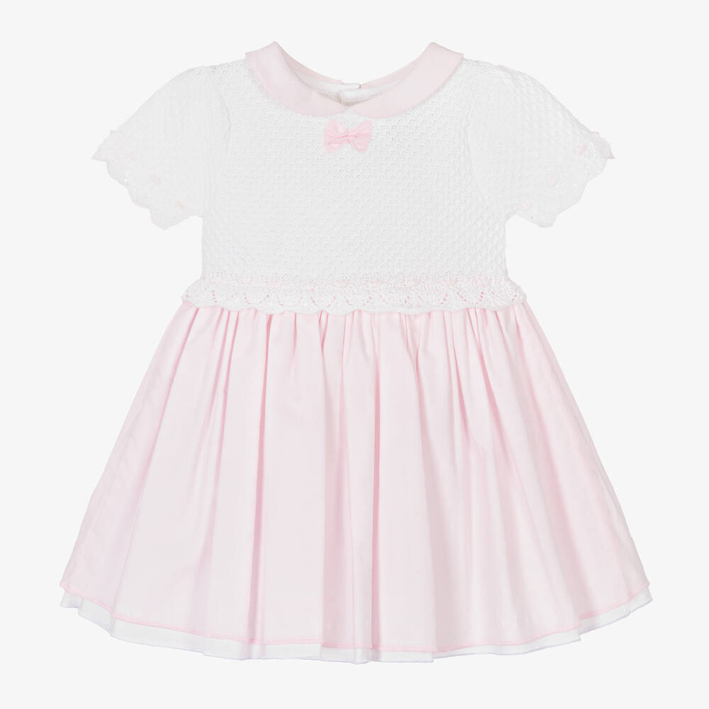 Emile et Rose - فستان قطن لون أبيض وزهري للمولودات | Childrensalon