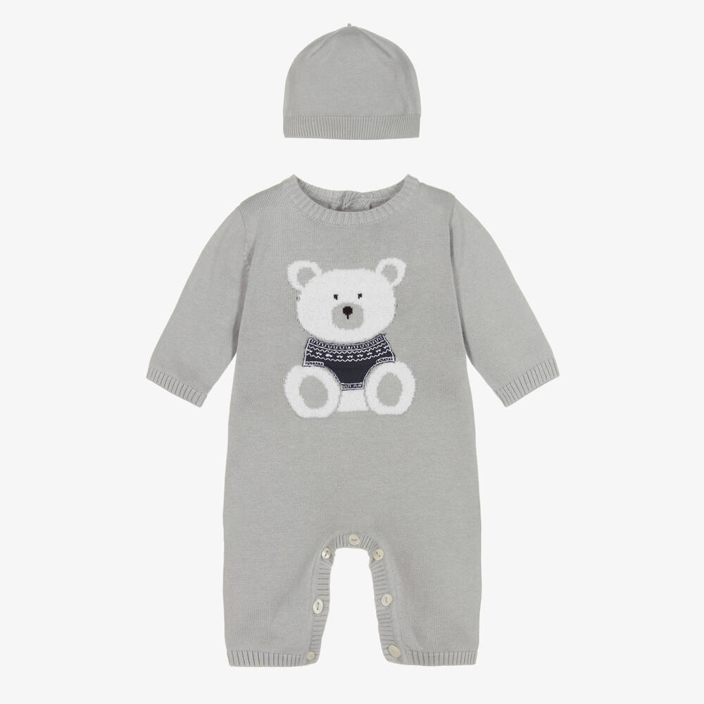 Emile Et Rose Boys Grey Cotton Knit Babysuit & Hat Set