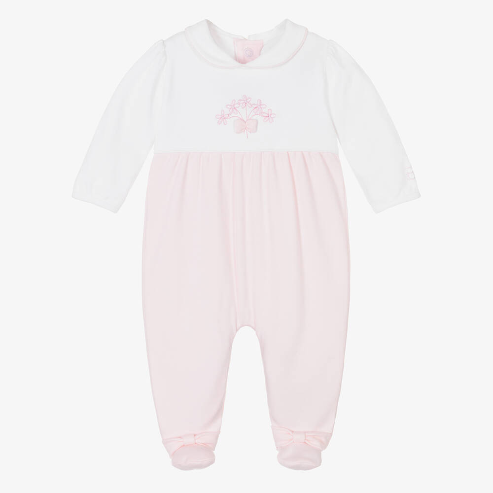 Emile et Rose - Girls Ivory & Pink Cotton Babygrow | Childrensalon