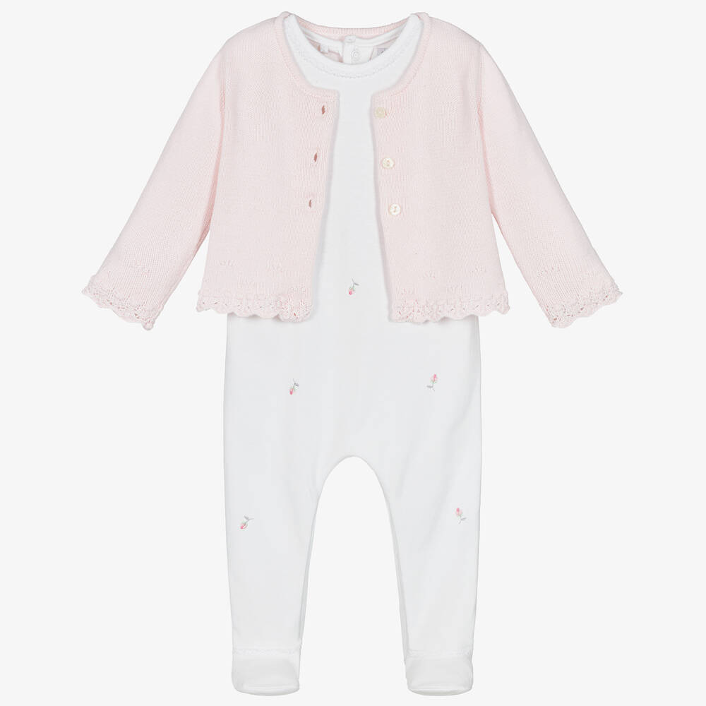 Emile et Rose - Girls White & Pink Cotton Babygrow Set | Childrensalon