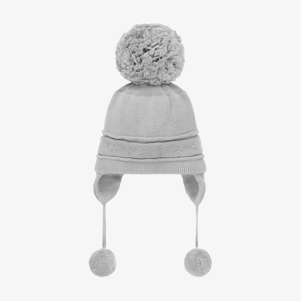 Emile et Rose - Grey Knitted Cotton Pom-Pom Hat | Childrensalon