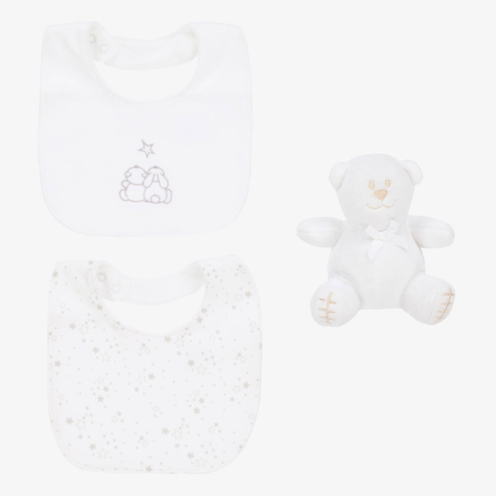 Emile et Rose - Ivory Cotton Baby Bibs & Bear Gift Set | Childrensalon